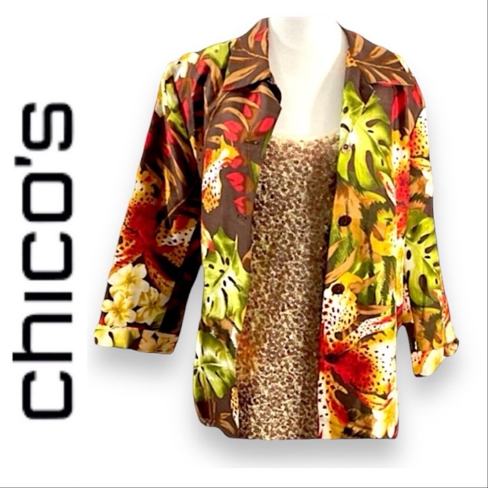 CHICOS/SILK LAND Vintage Silk Tropical Print in Brown, Orange & Lime Green SZ 16